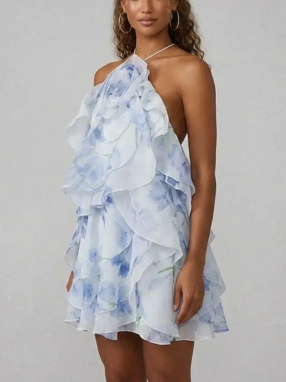 Ruffled Organza Halter Mini Dress in Blue Floral Print - Dresses