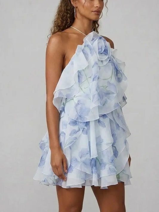 Ruffled Organza Halter Mini Dress in Blue Floral Print - Dresses