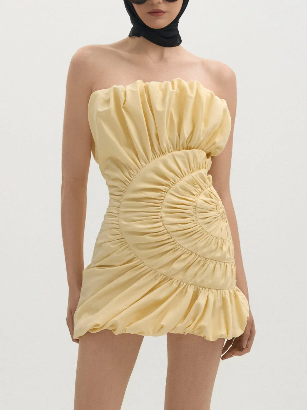 Ruffled Ruched Paneled Strapless Mini Dress Small / Pale Yellow Dresses