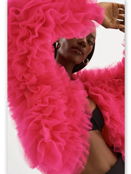 Ruffled Tulle Cropped Fuchsia Jacket Branna Couture