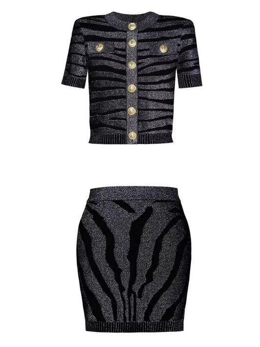 Metallic Tiger Striped Knit Viscose Buttoned Top and Skirt Set - Branna Couture