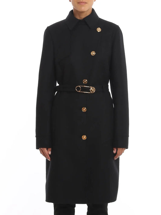 Safety-Pin Belted Black Wool Coat Branna Couture