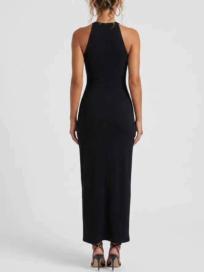 Safety Pin Detail Black Sleeveless Maxi Dress - Dresses