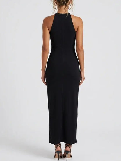 Safety Pin Detail Black Sleeveless Maxi Dress - Dresses