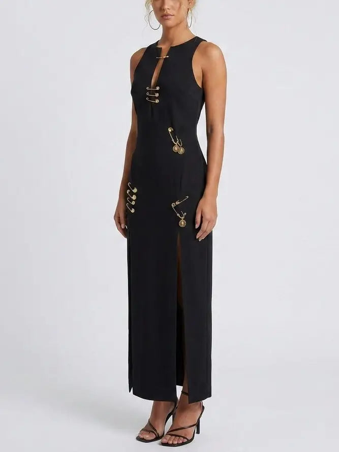 Safety Pin Detail Black Sleeveless Maxi Dress - Dresses