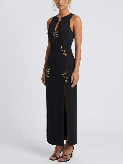 Safety Pin Detail Black Sleeveless Maxi Dress - Dresses