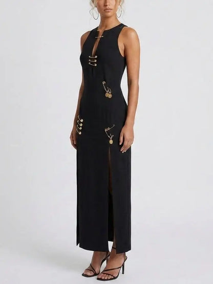Safety Pin Detail Black Sleeveless Maxi Dress - Dresses