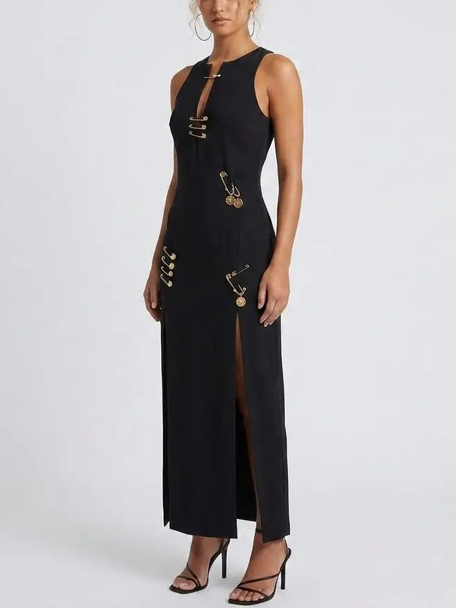 Safety Pin Detail Black Sleeveless Maxi Dress - Dresses