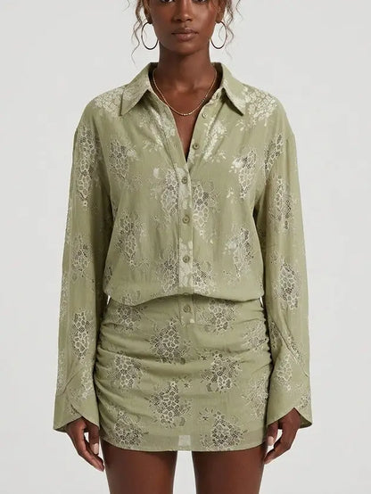 Sage Green Floral Lace Shirt Mini Dress - Small - Dresses