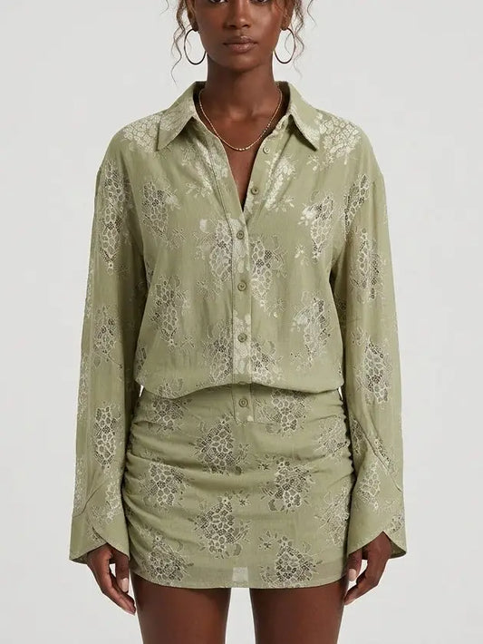Sage Green Floral Lace Shirt Mini Dress - Small - Dresses