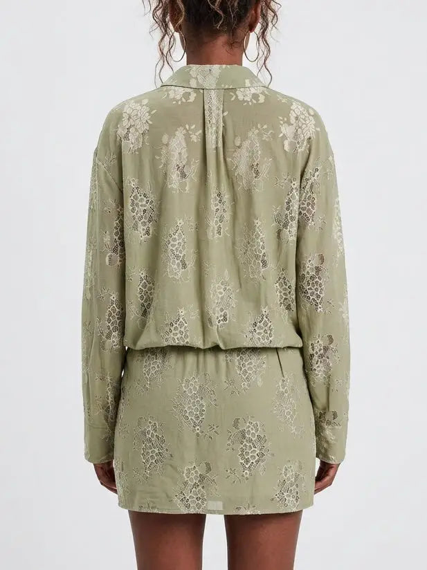 Sage Green Floral Lace Shirt Mini Dress - Dresses