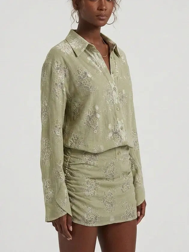 Sage Green Floral Lace Shirt Mini Dress - Dresses