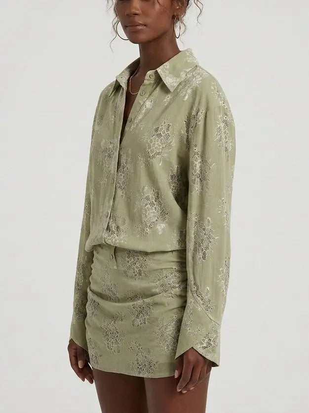 Sage Green Floral Lace Shirt Mini Dress - Dresses