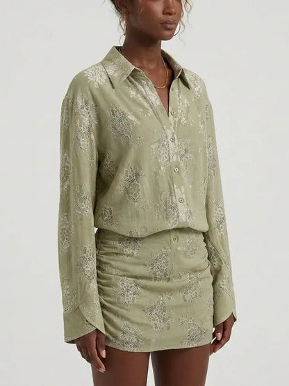 Sage Green Floral Lace Shirt Mini Dress - Dresses