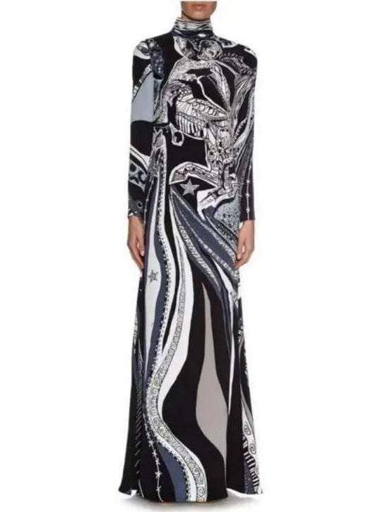 Sagittarius Print High-Neck Long Silk Gown - Branna Couture