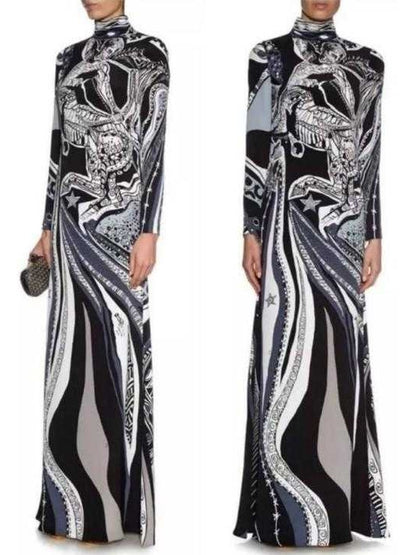 Sagittarius Print High-Neck Long Silk Gown - Branna Couture