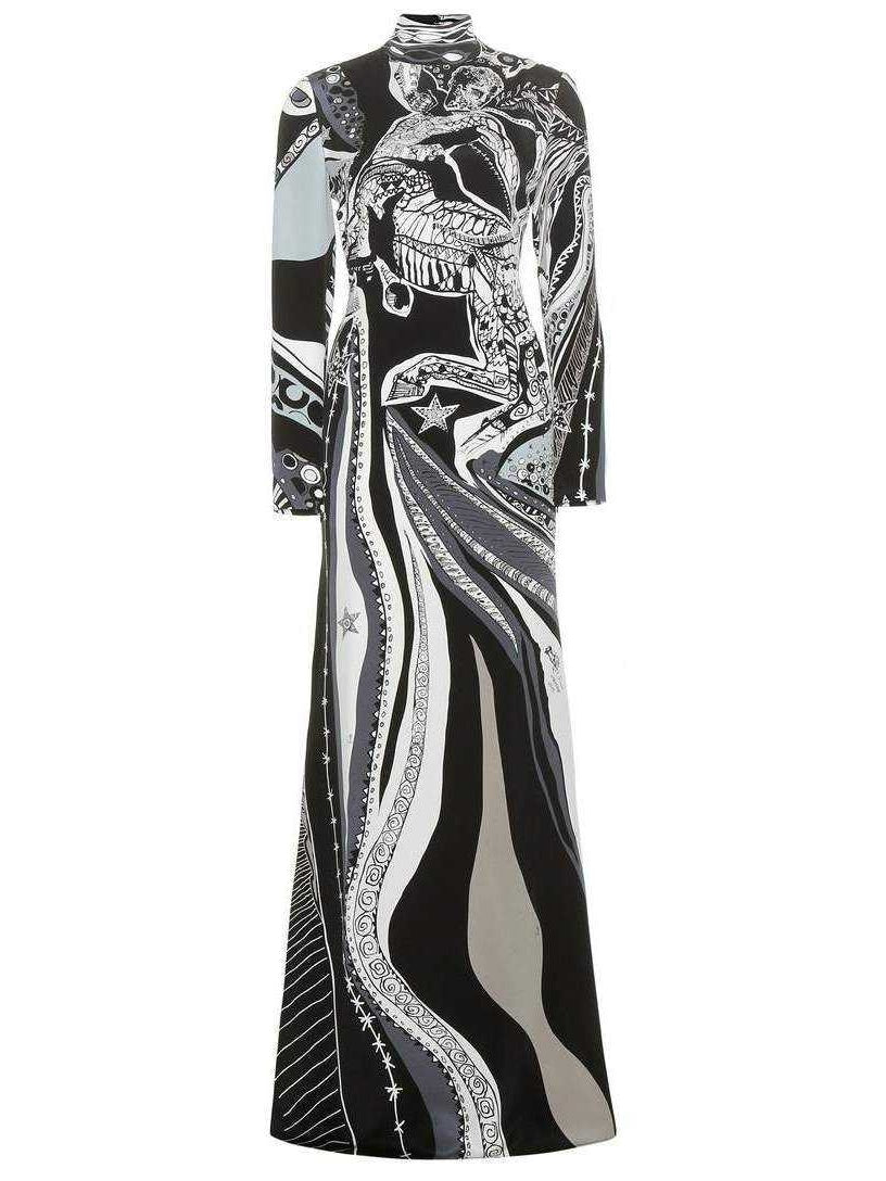 Sagittarius Print High-Neck Long Silk Gown - Branna Couture