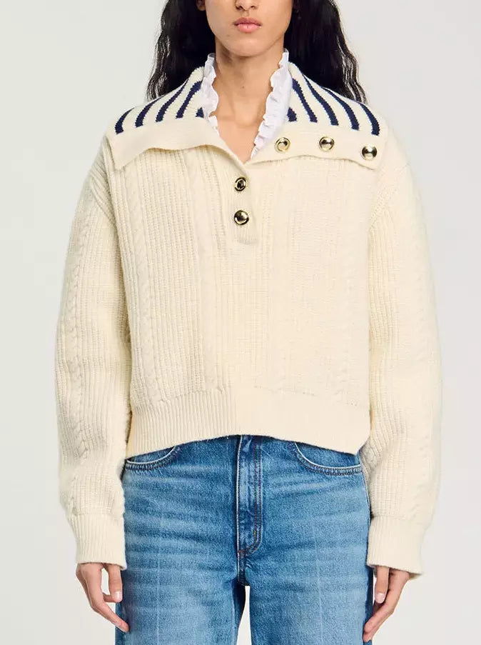 Sailor-Neck Polo Sweater with Stripes in Ecru Branna Couture