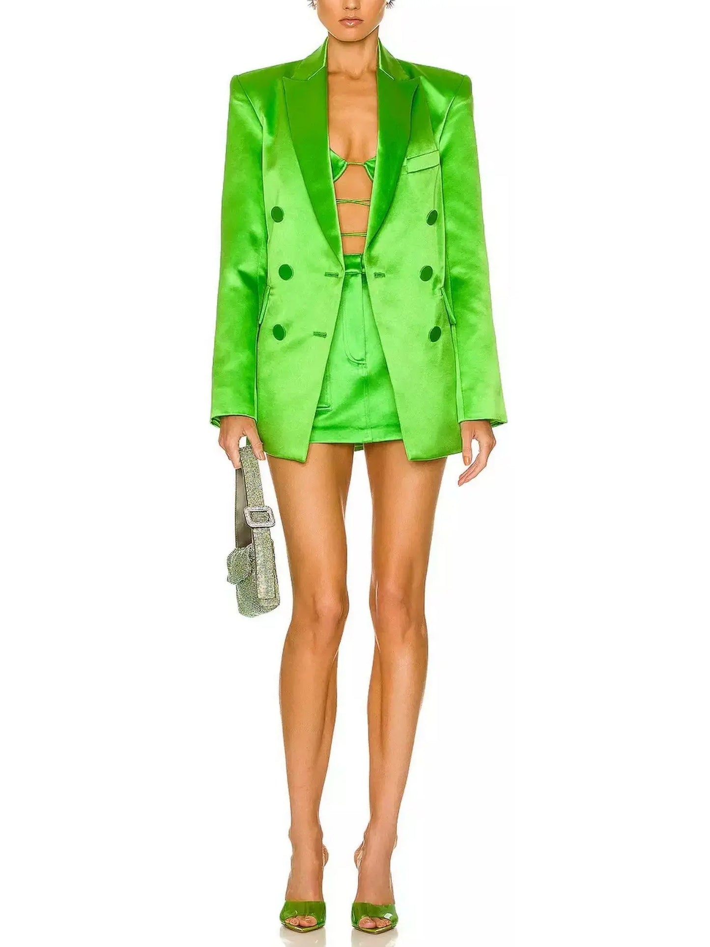 Satin Double-Breasted Blazer and Skirt Set in Green - Branna Couture