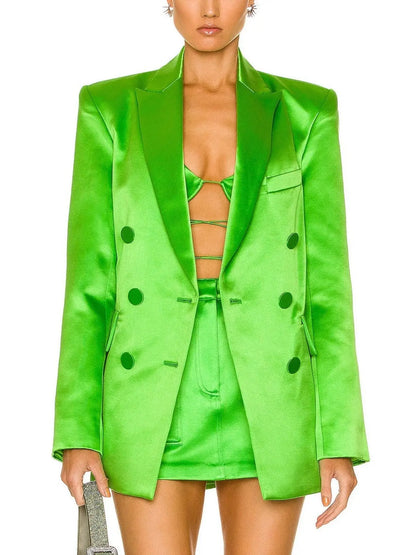 Satin Double-Breasted Blazer and Skirt Set in Green - Branna Couture