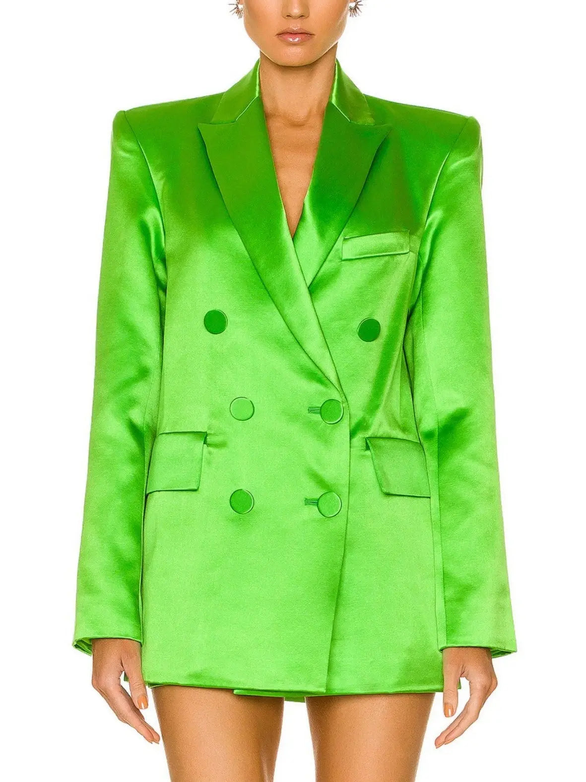 Satin Double-Breasted Blazer and Skirt Set in Green - Branna Couture