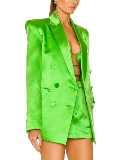 Satin Double-Breasted Blazer and Skirt Set in Green - Branna Couture