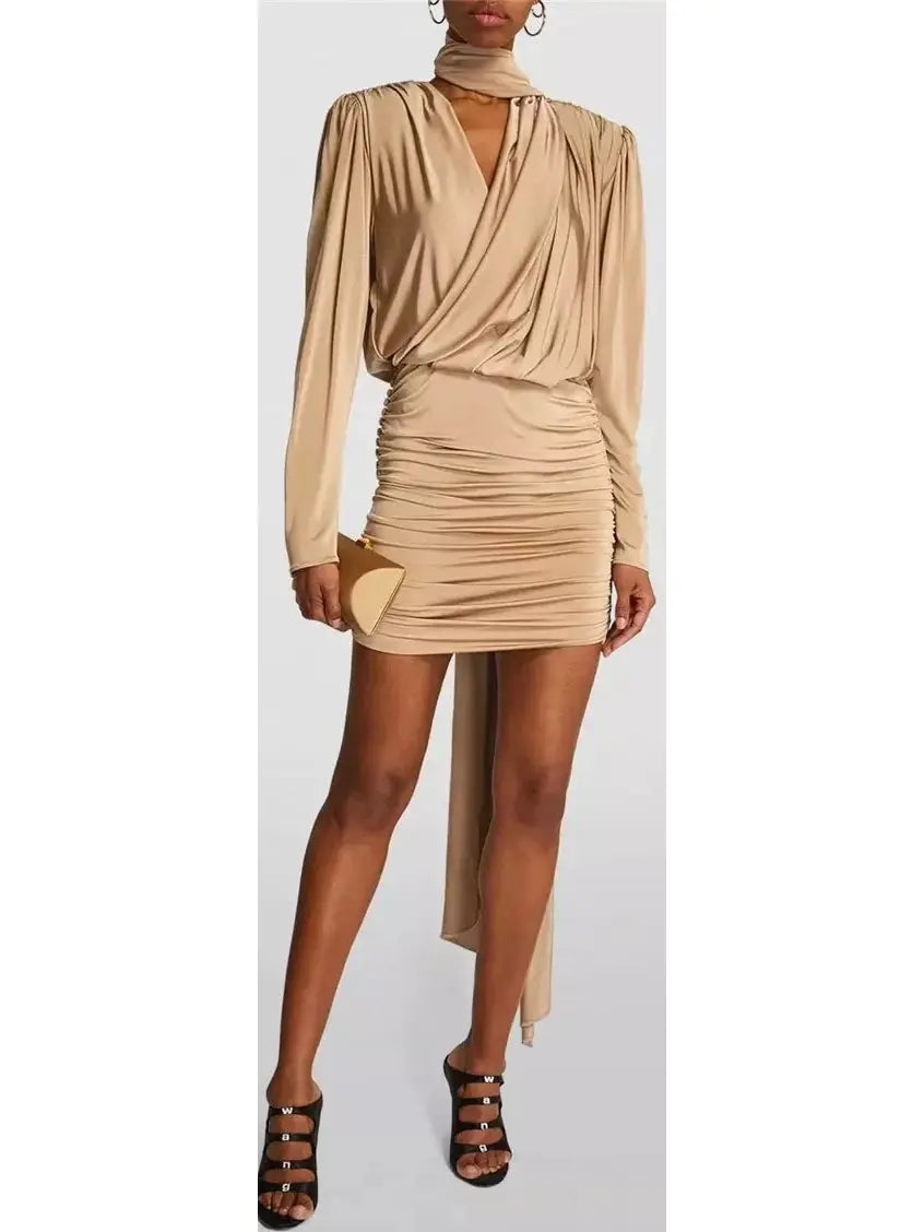 Satin Draped Mini Dress With Scarf, Beige - Branna Couture