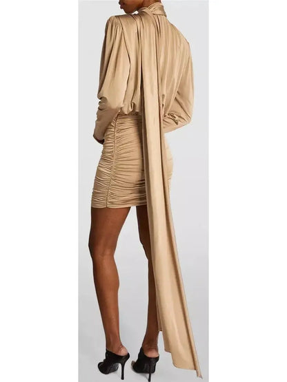 Satin Draped Mini Dress With Scarf, Beige - Branna Couture