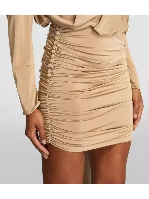 Satin Draped Mini Dress With Scarf, Beige - Branna Couture