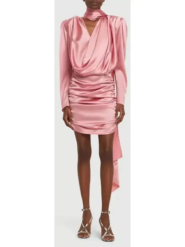 Satin Draped Mini Dress With Scarf, Pink - Branna Couture