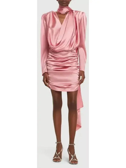 Satin Draped Mini Dress With Scarf, Pink - Branna Couture