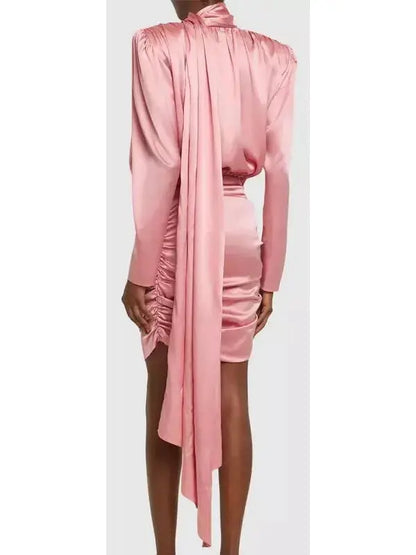 Satin Draped Mini Dress With Scarf, Pink - Branna Couture