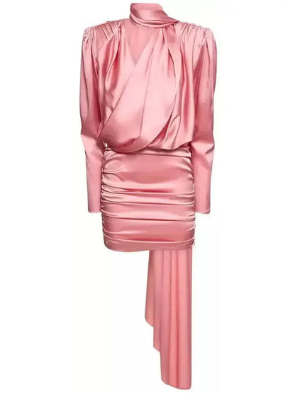 Satin Draped Mini Dress With Scarf, Pink - Branna Couture