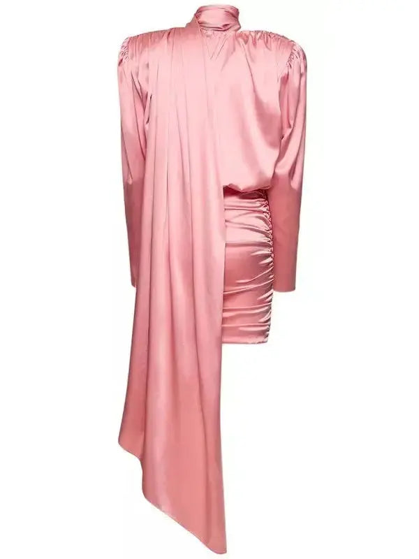 Satin Draped Mini Dress With Scarf, Pink - Branna Couture