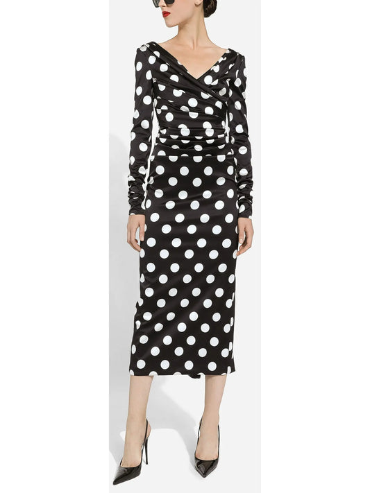 Satin Midi Dress with Polka-Pot Print - Branna Couture