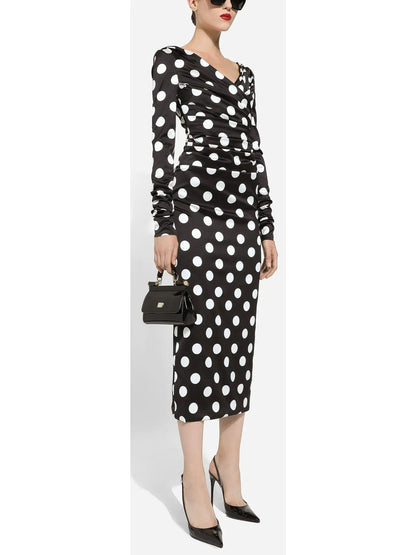 Satin Midi Dress with Polka-Pot Print - Branna Couture