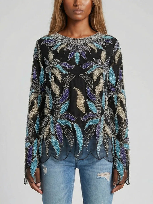 Scalloped Beaded & Sequin Embellished Top - S / Black - Tops