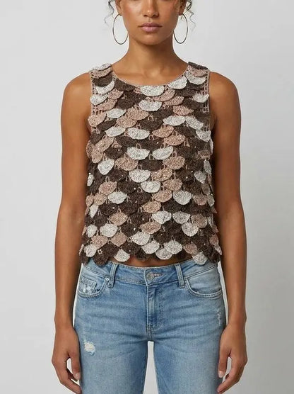 Scalloped Crochet Cropped Tank in Mocha Multi - Small - Tops