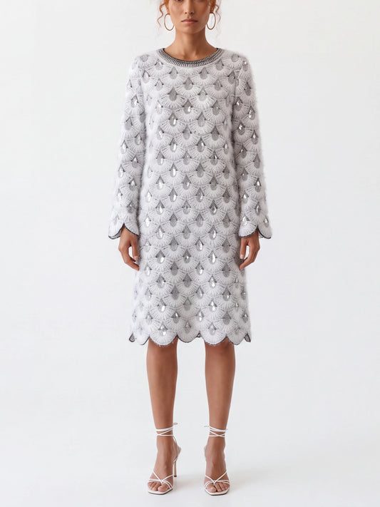 Scalloped Embroidered Dress with Silver Sequin Details - S - Dresses