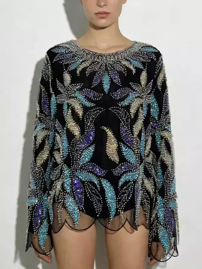 Scalloped Beaded & Sequin Embellished Top - Tops