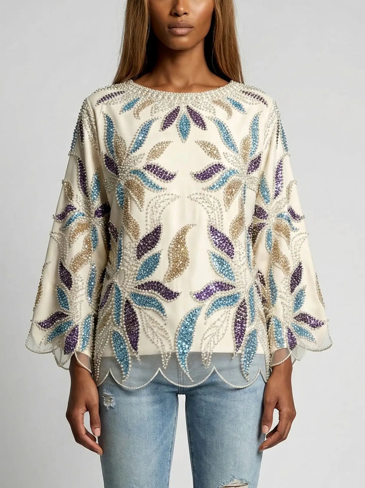 Scalloped Beaded & Sequin Embellished Top - S / Cream - Tops