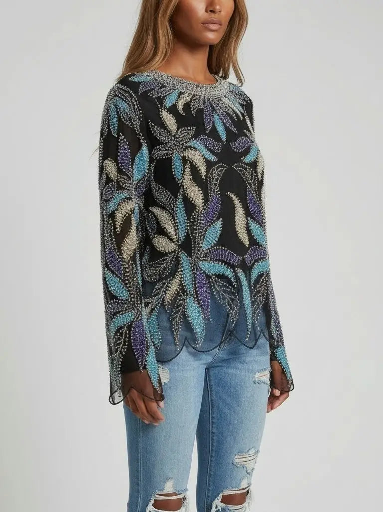 Scalloped Beaded & Sequin Embellished Top - Tops