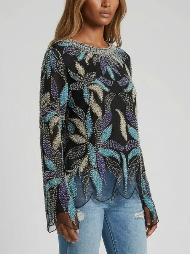 Scalloped Beaded & Sequin Embellished Top - Tops