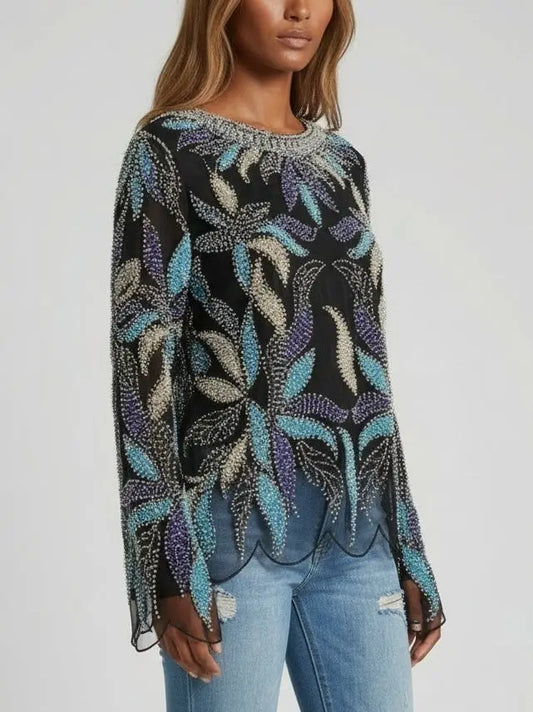 Scalloped Beaded & Sequin Embellished Top - Tops