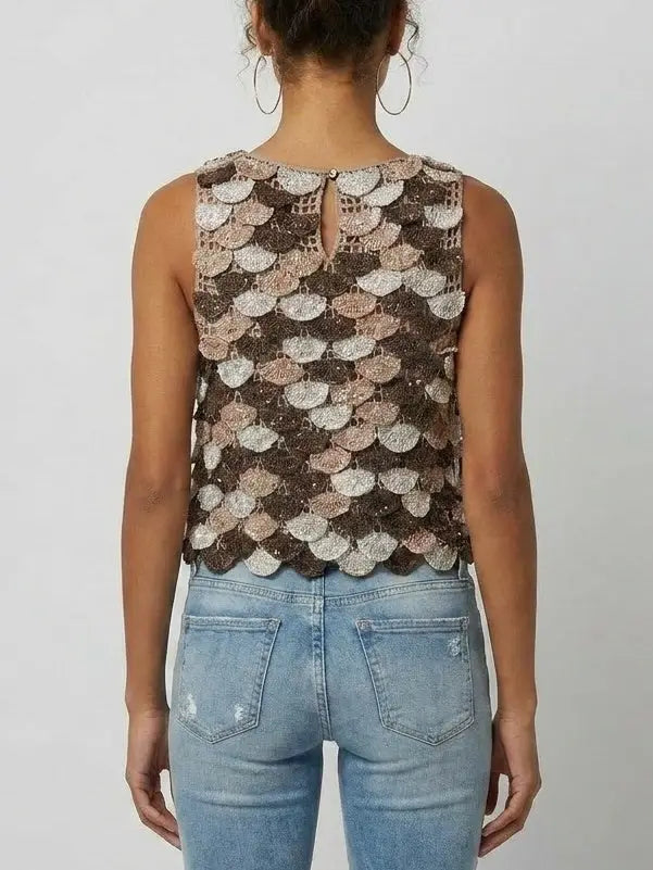 Scalloped Crochet Cropped Tank in Mocha Multi - Tops