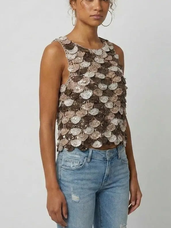 Scalloped Crochet Cropped Tank in Mocha Multi - Tops