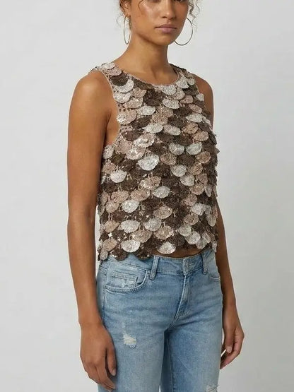 Scalloped Crochet Cropped Tank in Mocha Multi - Tops