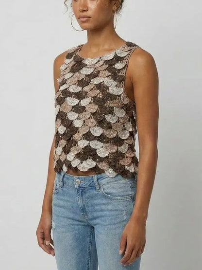Scalloped Crochet Cropped Tank in Mocha Multi - Tops
