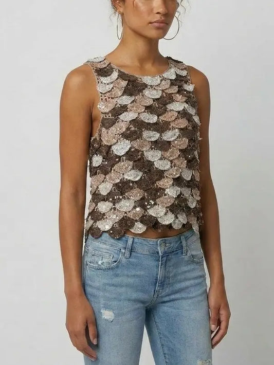 Scalloped Crochet Cropped Tank in Mocha Multi - Tops