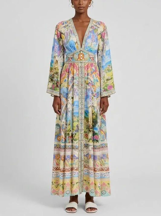 Scenic Print Silk Maxi Dress with Empire Waist - S - Dresses